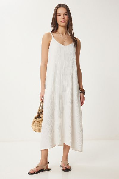 Happiness İstanbul Women's Stone Strap Summer Linen Dress - Tu00036