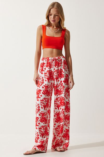 Happiness İstanbul Damen Ecru Rot Hohe Taille Sommer Lose Viskose Hose BH00424