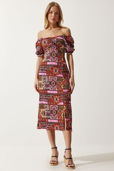 Happiness İstanbul Damen-Viskosekleid mit elastischem Carmen-Kragen und Kachelmuster MC00297