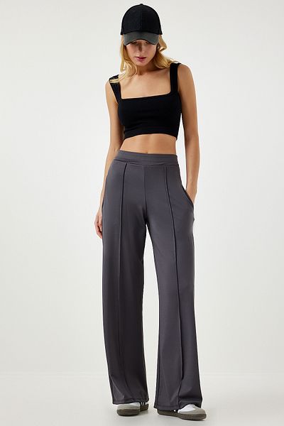 Happiness İstanbul Women's Anthracite High Waist Scuba Palazzo Pants Bf00104