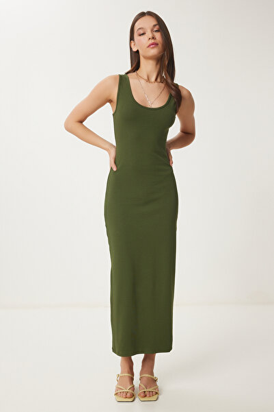 Happiness İstanbul Γυναικείο Χακί Basic Καλοκαιρινό Πλεκτό Φόρεμα UB00317