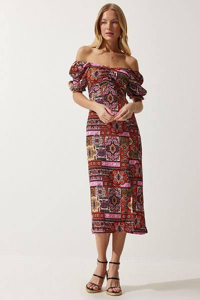 Happiness İstanbul Damen-Viskosekleid mit elastischem Carmen-Kragen und Kachelmuster MC00297