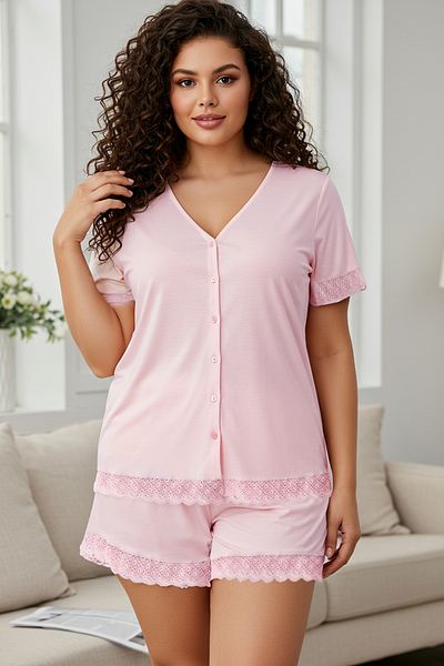 Trendyol Curve V-Ausschnitt Dusty Rose Spitzen-Pyjama-Set aus Viskose – TBBSS25AI00065