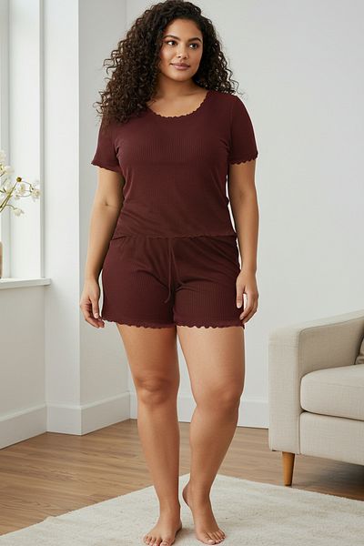Trendyol Curve Overlock Corded Brown Baby Pajama Set - Tbbss25Ai00040