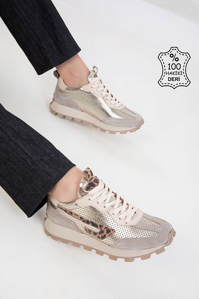 SOHO Beige-Leopard Echtes Leder Damen Sneaker 20555