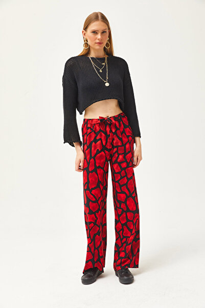 Olalook Kadın Kırmızı Siyah Desenli Palazzo Kupra Pantolon PNT-19000272