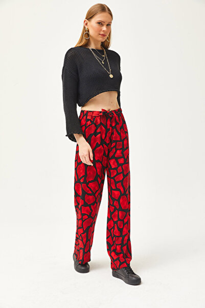 Olalook Kadın Kırmızı Siyah Desenli Palazzo Kupra Pantolon PNT-19000272