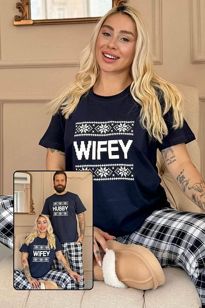 Pijamaevi Námořnická modrá Wifey Dámská souprava s krátkým rukávem Milé rodinné pyžamo