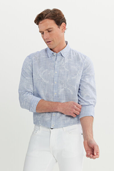 ALTINYILDIZ CLASSICS Erkek Lacivert Slim Fit Dar Kesim Gizli Düğme Yaka %100 Pamuk Baskılı Gömlek