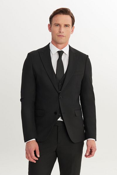 AC&Co / Altınyıldız Classics Men's Black Slim Fit Slim Fit Vest Suit Swallow Collar with Cover Pocket