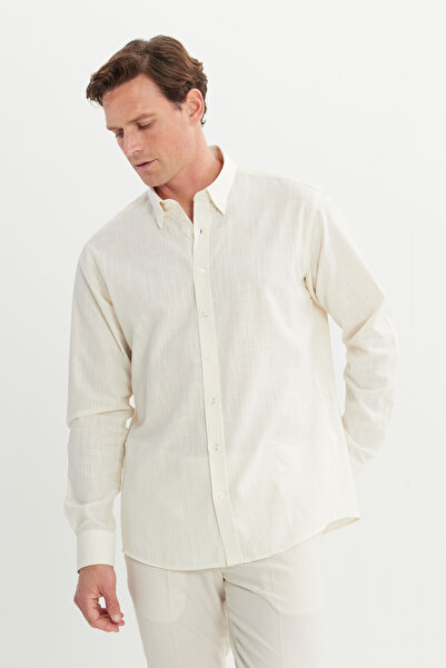 AC&Co / Altınyıldız Classics Men's Ecru Comfort Fit Relaxed Cut Hidden Button Collar 100% Cotton Flared Shirt