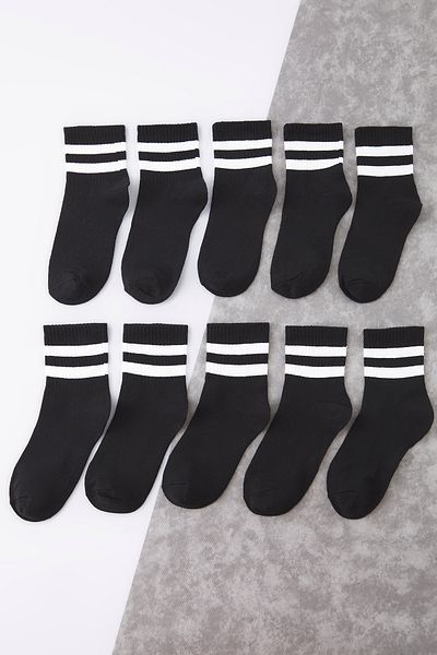 Trendyol Collection Черни унисекс дишащи летни чорапи от 10 части от памук за колеж/тенис за момче TMNSS25CO00019