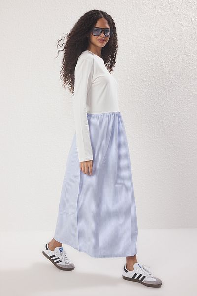 Trendyol Modest Blue Striped Woven Fabric Skirted Single Jersey Knitted Dress Tctss25Eb00146