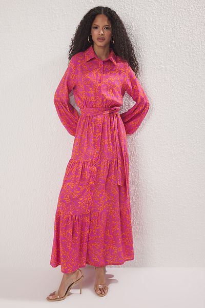 Trendyol Modest Ροζ φλοράλ υφαντό φόρεμα βισκόζης TCTSS25EB00127