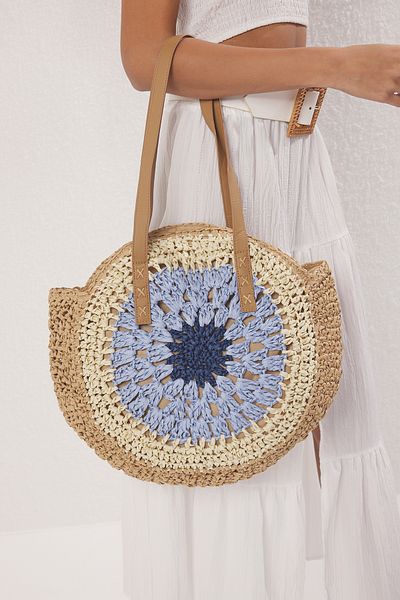 TRENDYOL SHOES Multicolor Color Block Hand Knitted Straw Women's Round Shoulder Handbag Takss25Oc00054