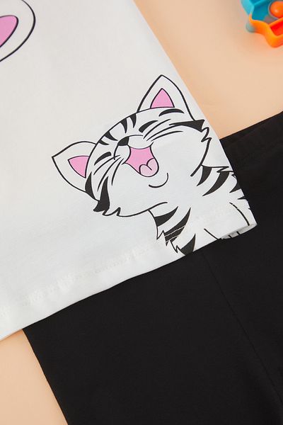 TRENDYOLKIDS Girl 100% Stainless Oversize T-Shirt-Leggings Short Sleeve Knitted Bottom-Top Set