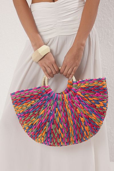 TRENDYOL SHOES Multi-Colored Straw Color-Block Women's Oval Handbag Takss25Oc00072