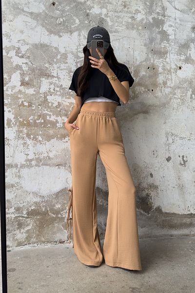 Trendyol Collection Light Brown Aerobin Leg Slit Bow Detailed Wide Leg Pants Twoss25Pl00089