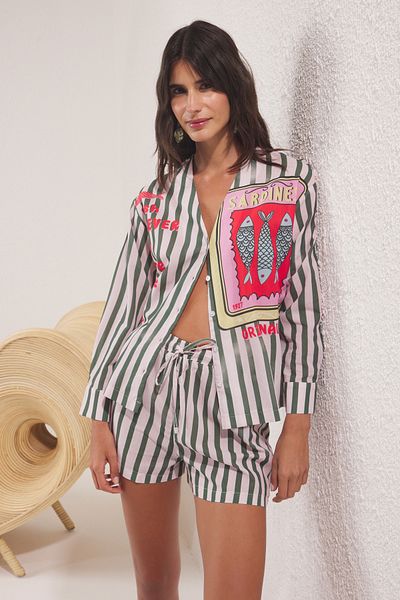Trendyol Collection Fish Print 100% Cotton Beach Blouse and Shorts Set