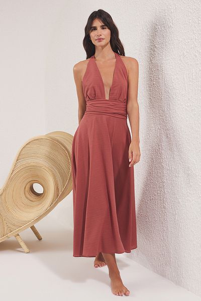 Trendyol Collection Καφέ υφαντό Midi Halter 100% βαμβακερό φόρεμα παραλίας TBESS25EL00129
