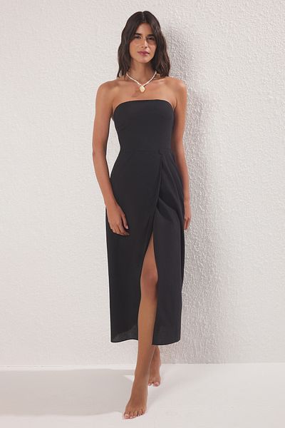 Trendyol Collection Μαύρο στράπλες Maxi υφαντό 100% βαμβακερό φόρεμα παραλίας TBESS25EL00093