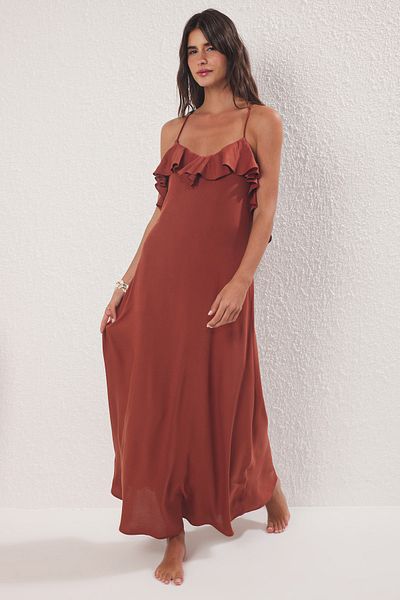 Trendyol Collection Dunkelbraunes, gewebtes Maxi-Strandkleid mit offenem Rücken TBESS19WY0004