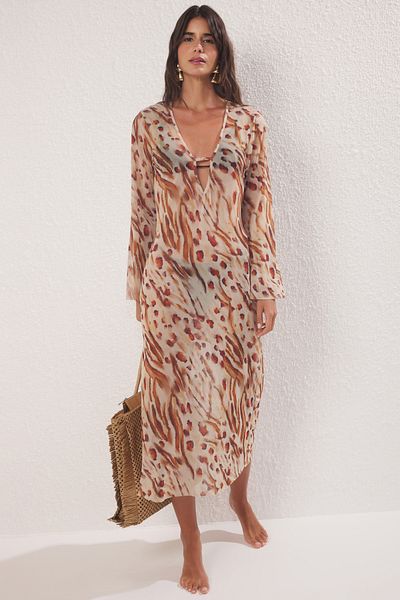 Trendyol Collection Leopard Pattern Oversize Maxi Woven Beach Dress Tbess25El00116