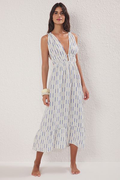 Trendyol Collection Maxi tkané plážové šaty s pruhovaným vzorem TBESS25EL00108