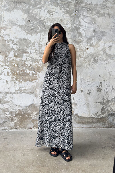 Trendyol Collection Schwarzes, abstraktes, gemustertes, gewebtes Maxikleid TW...