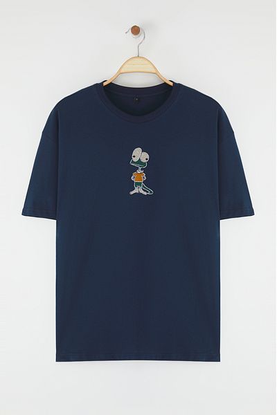 Trendyol Collection Blue Oversize Embroidery Revealed Detailing 100% Cotton T-Shirt Tmnss25Ts00199