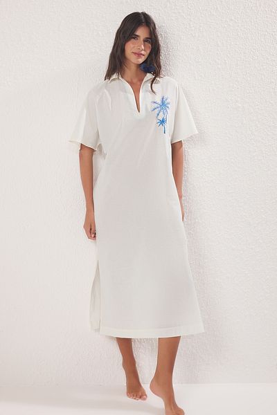 Trendyol Collection Ecru Maxi Woven 100% Cotton Embroidered Beach Dress Tbess25El00026