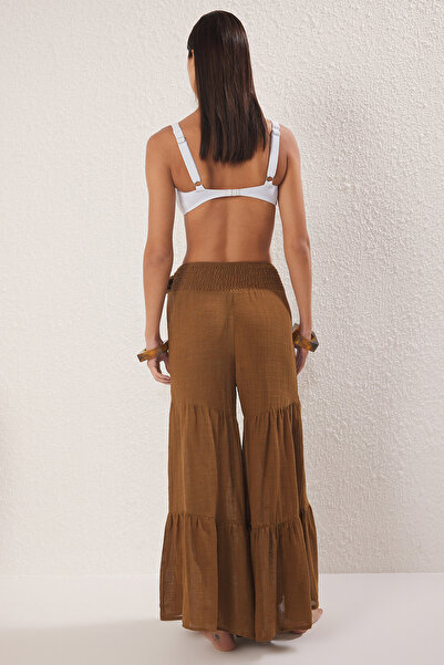 Trendyol Collection Braune gewebte Maxi-Strandhose mit hoher Taille und Volants TBESS25PL00009