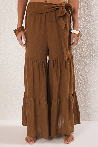 Trendyol Collection Braune gewebte Maxi-Strandhose mit hoher Taille und Volants TBESS25PL00009
