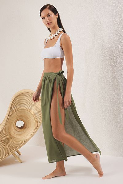 Trendyol Collection Khakifarbener Maxi-Strandpareo aus 100 % Baumwolle TBESS25PR00012