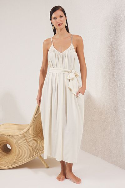 Trendyol Collection Beige Maxi Woven Belted Beach Dress Tbess25El00086