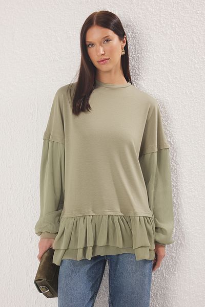Trendyol Modest Khaki Woven Detailed Frilly Knitted Tunic Tctss25Uk00004