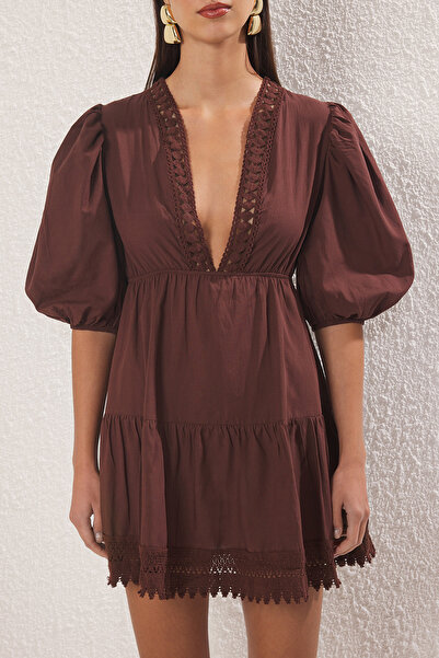 Trendyol Collection Brown Mini Woven Lace Detailed 100% Cotton Beach Dress Tbess24El00116