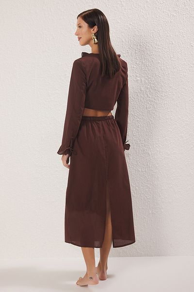 Trendyol Collection Brown Woven Frilly Binding Detailed Beach Blouse Skirt Suit Tbess25Au00079
