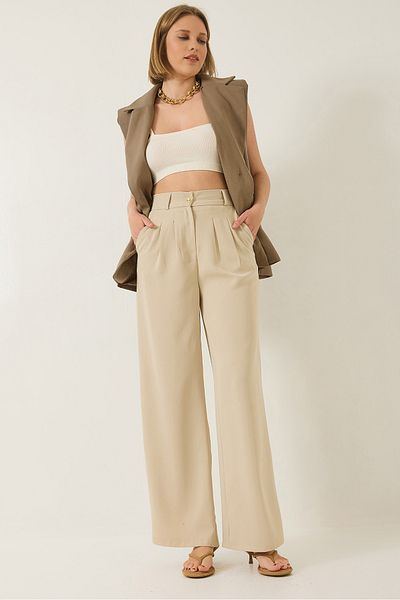 Bianco Lucci Women's Pleated Pocket Detailed Belted Elastic Back Palazzo Latina Trousers 3241 60283220