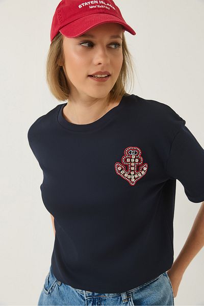 Bianco Lucci Damen-T-Shirt aus Baumwolle mit Sailor-Stickerei und Strasssteinen 60283209