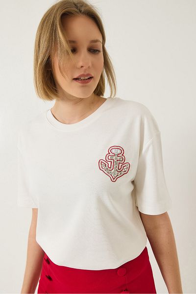 Bianco Lucci Tricou din bumbac cu pietre brodate Sailor pentru femei 60283209