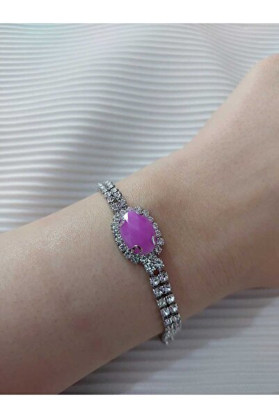 Avcıoğlu Aksesuar اسوارة نسائية حجر واحد بيضاوي موديل زركون كريستال حجر اسوارة مطلية بالفضة