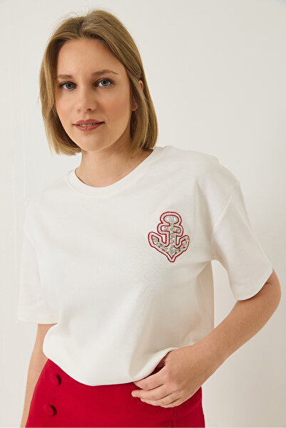 Bianco Lucci Γυναικείο μπλουζάκι Sailor Κεντημένο Πέτρινο Βαμβακερό 60283209