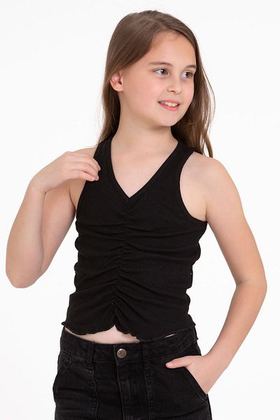 zepkids Zero Sleeve V-Neck Gathered Black Color Girl's Tshirt