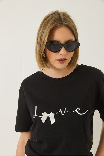 Bianco Lucci Dámské bavlněné tričko s potištěnou stuhou s potiskem Regular Fit 60283208