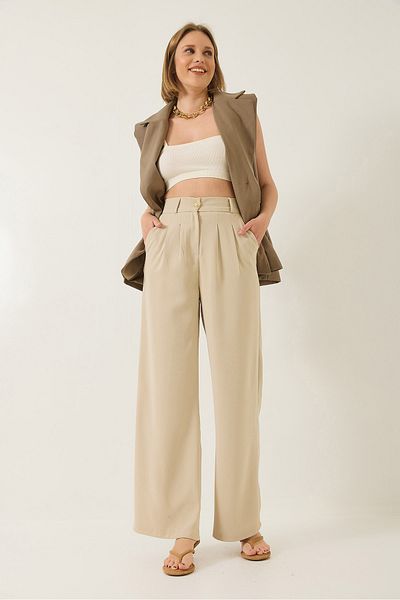 Bianco Lucci Women's Pleated Pocket Detailed Belted Elastic Back Palazzo Latina Trousers 3241 60283220