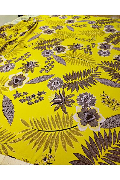 Kumaş Parça Viscose Crepe Chiffon Yellow Background Brown Lilac Floral Patter...