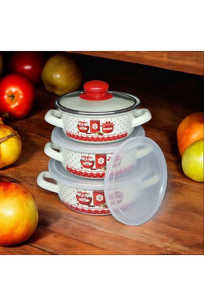 emaye market Enamel 3-Piece Cook, Hide Pots and Storage Container Set 9 Pieces