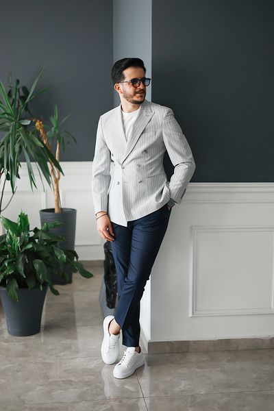 Avni Ceylan Seersucker Italian Style Slim Fit Double Breasted Men's Jacket Special Edition Gray