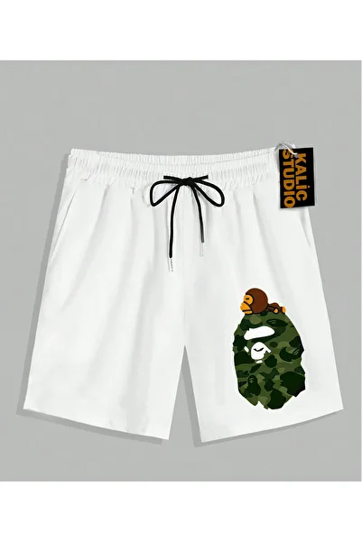 Kalic Studio Unisex Mr. Bape Patterned White Summer Shorts